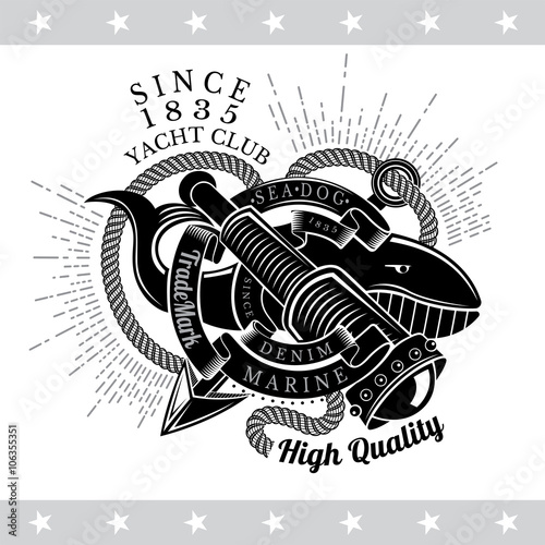 Whale With Cross Harpoons And Spyglass with Rays Behinde. Sea Vintage Label On Blackboard Black On White