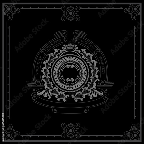 Round shield with floral wreath monogram template. Elegant line ornament frame. White on black