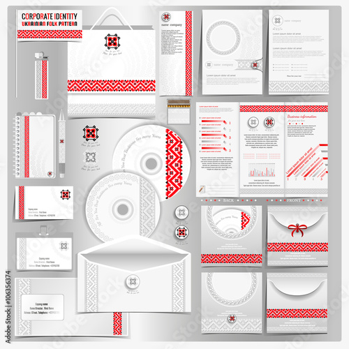White corporate identity template with Ukrainian folk embroidery pattern. Vector company style for brandbook and guideline