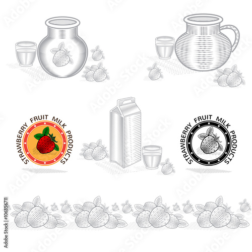 Packing concept element for dry strawberry milk or cream. Vector design with illustration in woodcut or engraving style