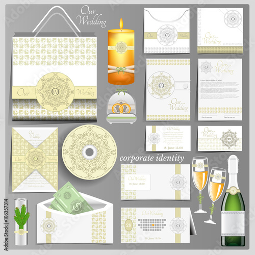 White wedding corporate identity template. Business mock-up with green arabic circle pattern logo