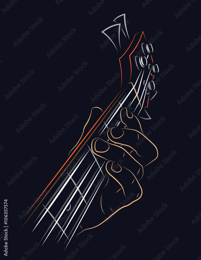 Fototapeta premium Playing Bass illustration. Pressing string with left hand finger.