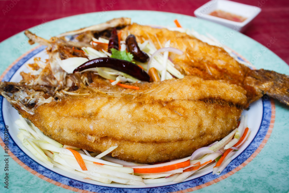 Deep-fried snapper, stlye thai food.