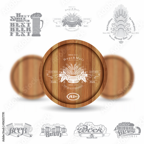 Three realistic mock up wood barrel and set of silhouette labels on white background. Vector illustration one barrel sharp and two barrels depth of field