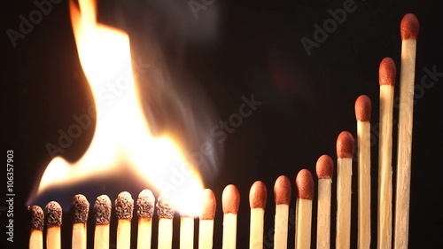 Curved rising line of matches bursting into flame and burning in sequence from the lowest. A chain reaction. photo