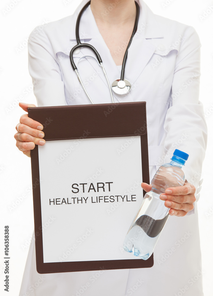 Doctor holding a clipboard and calling to healthy lifestyle Doctor holding a clipboard and calling to healthy lifestyle