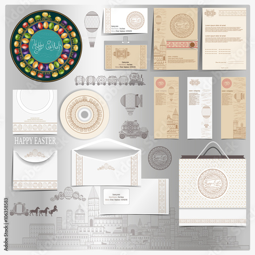 Set of stationary elements with Easter template of vintage engraving elements. Vector holiday style for brandbook
