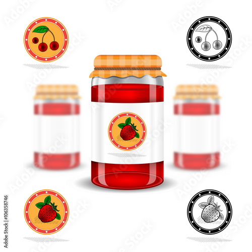 Three realistic mock up glass jar with jam home preservation and fruit labels on white background. Vector illustration one jar sharp and two jars depth of field