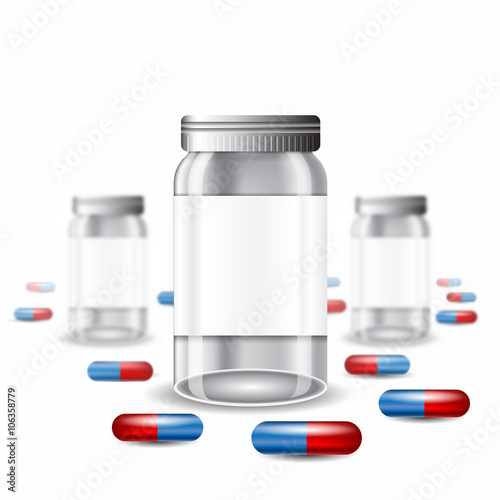 Three realistic mock up glass or plastic empty jar with pills around on white background. Vector illustration one jar sharp and two jars depth of field