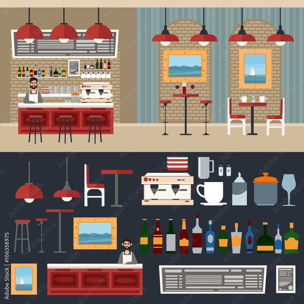 Cafe Interior. Different Beverages. Coffee Maker. Barman Cafe Interior. Different Beverages. Coffee Maker. Barman