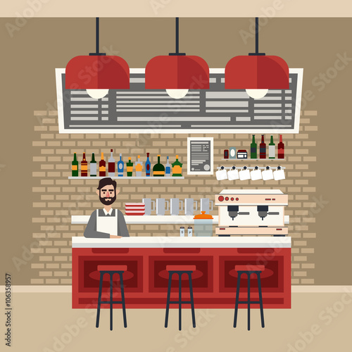 Cafe Interior. Different Beverages. Coffee Maker. Barman
