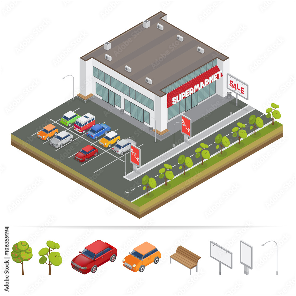 Isometric Supermarket. Car Parking. City Supermarket. Isometric Building Isometric Supermarket. Car Parking. City Supermarket. Isometric Building