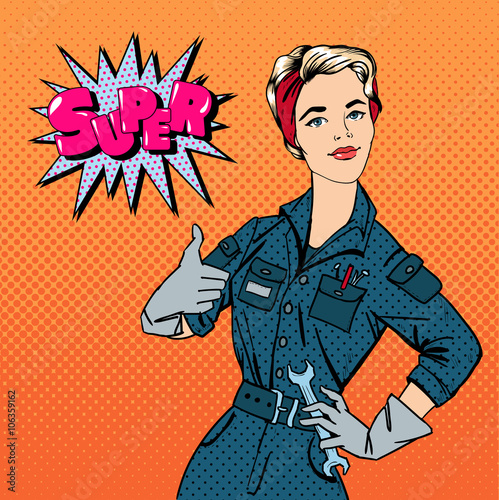 Girl with Tools. Woman with Tools. Working Woman. Woman Gesturing Great. Pop Art Banner