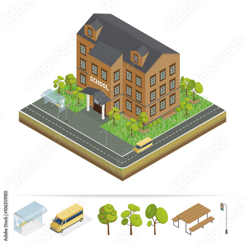 School Building. Modern School. Urban Scene. School Bus. Isometric School