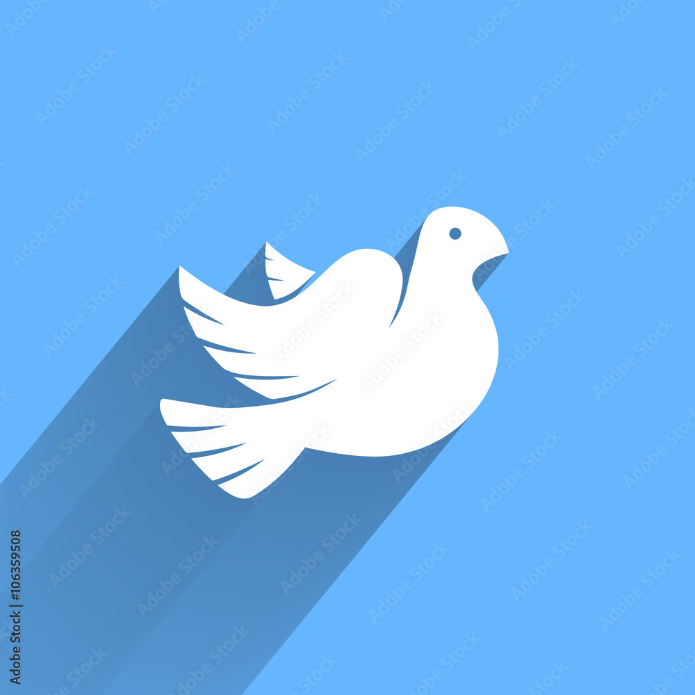 Stylized pigeon of peace white icon with long shadow in the sky Stylized pigeon of peace white icon with long shadow in the sky