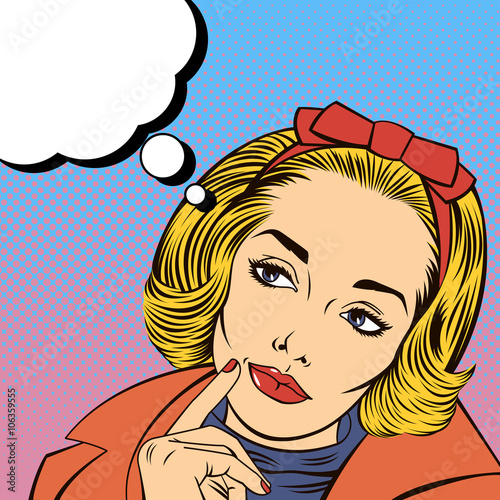 Woman Thinking. Pretty Girl. Woman Doubts. Woman Looking Up. Pop Art Banner