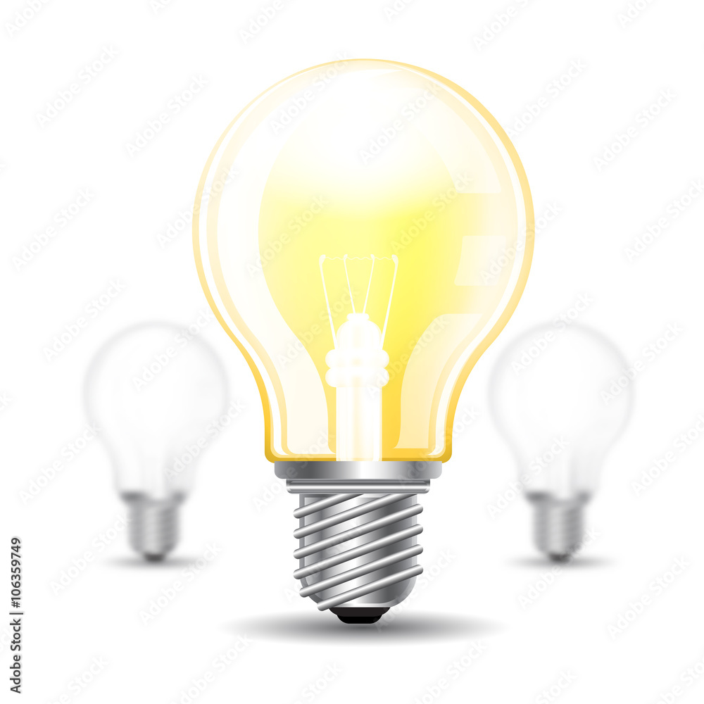 Three realistic mock up light bulb or lamp on white background. Vector illustration one bolb sharp on and two bulbs off depth of field Three realistic mock up light bulb or lamp on white background. Vector illustration one bolb sharp on and two bulbs off depth of field