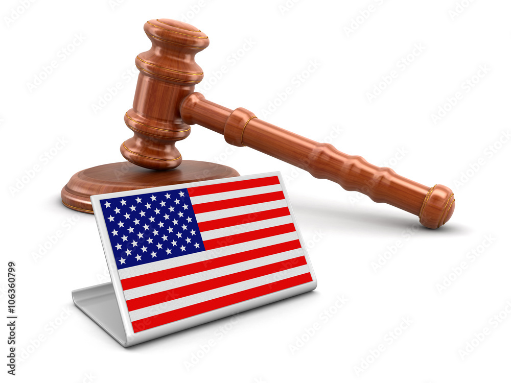 3d wooden mallet and US flag. Image with clipping path
