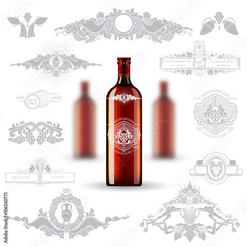 Three realistic mock up red bottle of cognac and set of silhouette labels on white background. Vector illustration one bottle sharp and two bottles depth of field