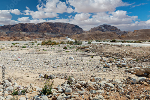 View on passing Paran and dry riverbed in desert of the Negev, Israel