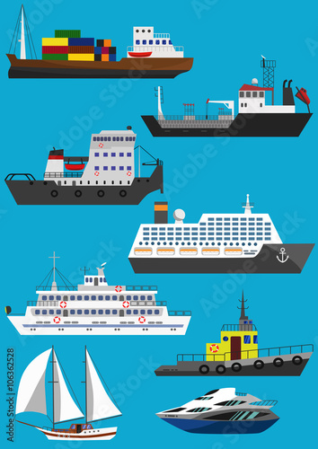 Set of industrial cargo and passenger ships and boats. Flat vector illustration