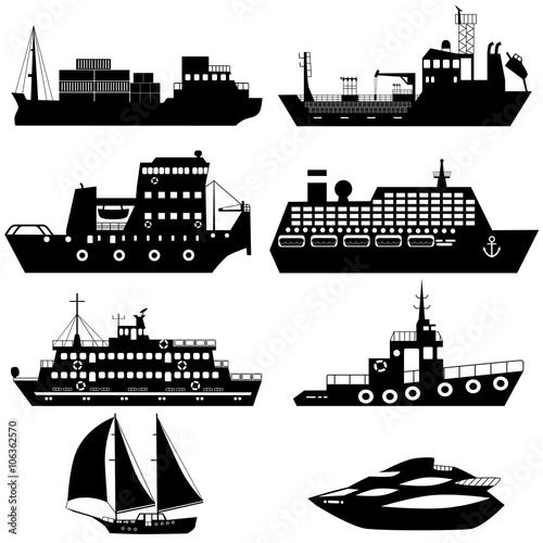 Set of silhouettes of industrial cargo and passenger ships and boats. Vector illustration