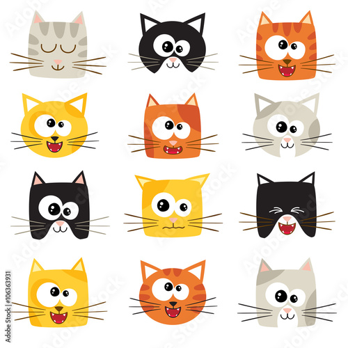 Vector cute cartoon cats isolated on white. Icons set.