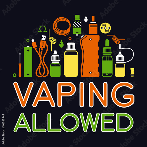 Vector icons set with text "vaping allowed". Isolated on black  background