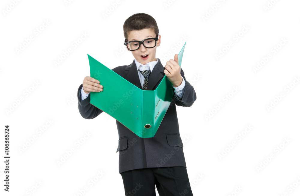 Surprised boy student holding a folder with the task. Boy in shock