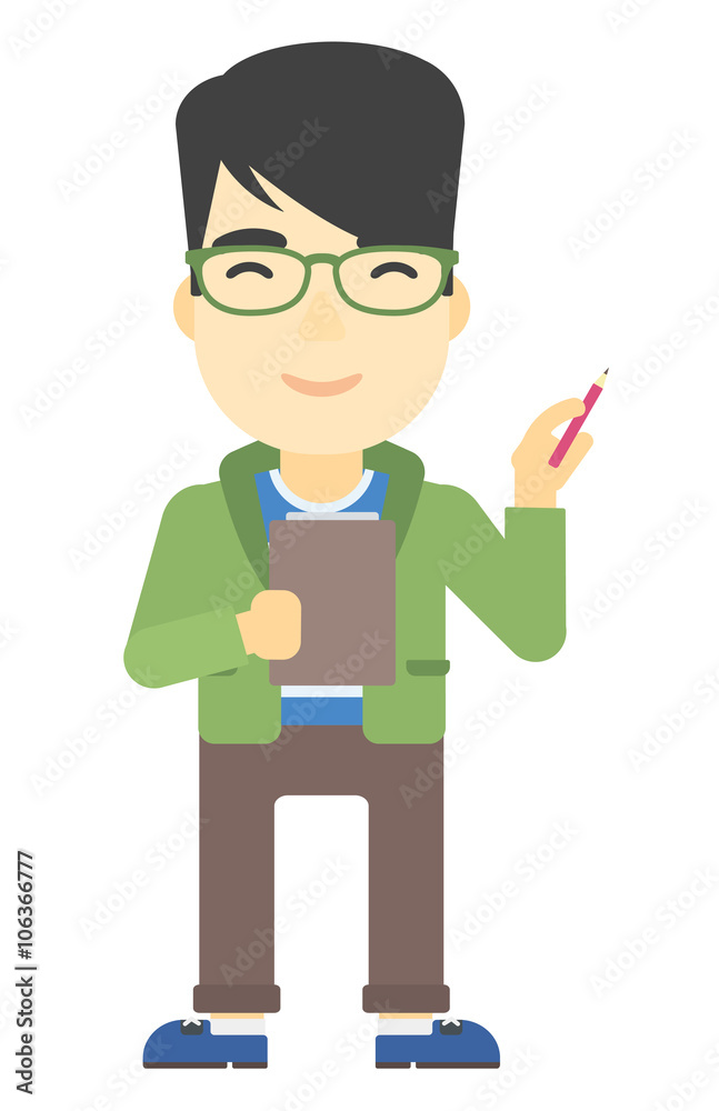Man standing with pen and file in hands.