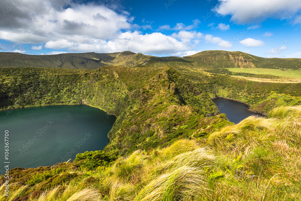 Azores landscape with lakes in Flores island. Caldeira Comprida