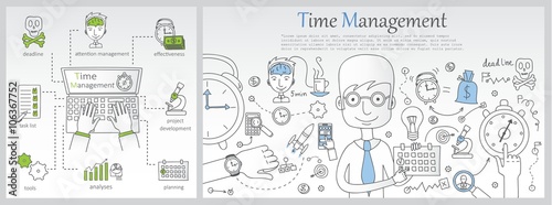Doodle line design of web banner templates with outline icons of time management, career growth,big idea, finance planning, creative thinking.Vector illustration concept for website or infographics.