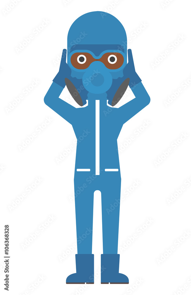 Woman in protective chemical suit.