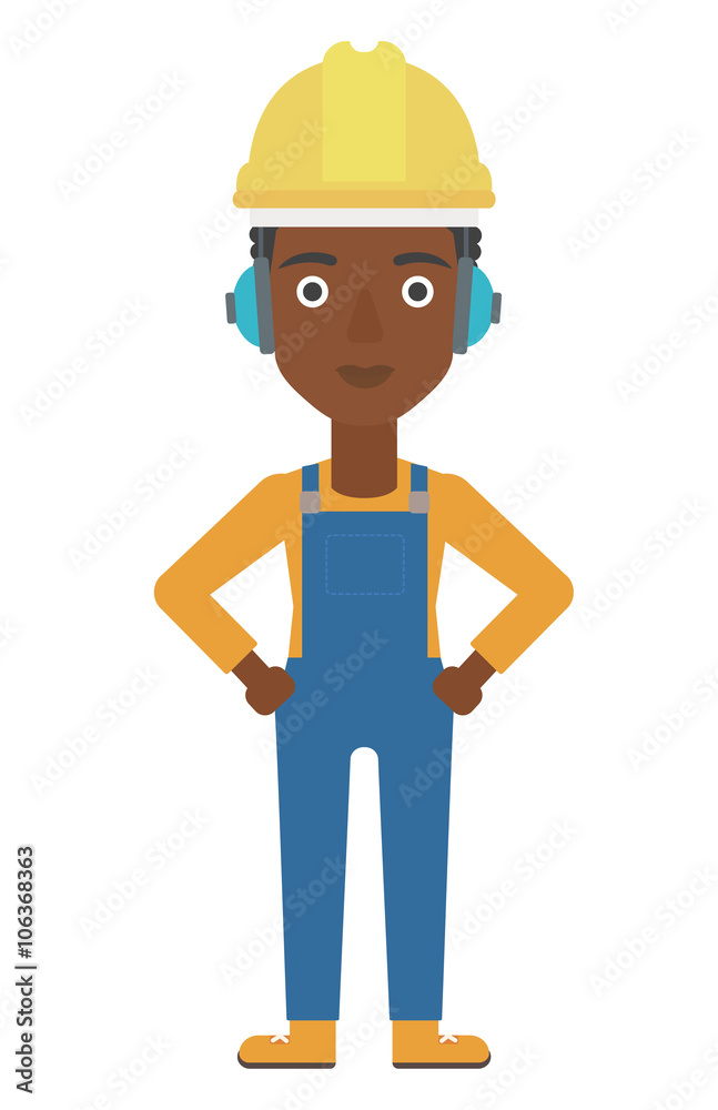 Woman wearing hard hat and headphones 