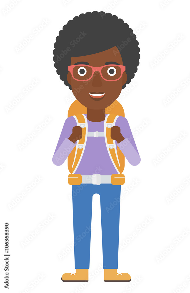 Cheerful woman with backpack .