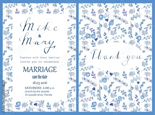 Doodle line design of wedding invitation, cards with floral elements and lettering
