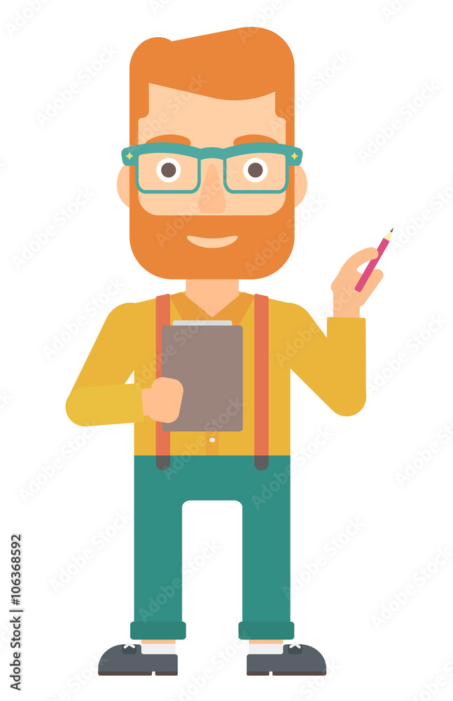 Man standing with pen and file in hands.
