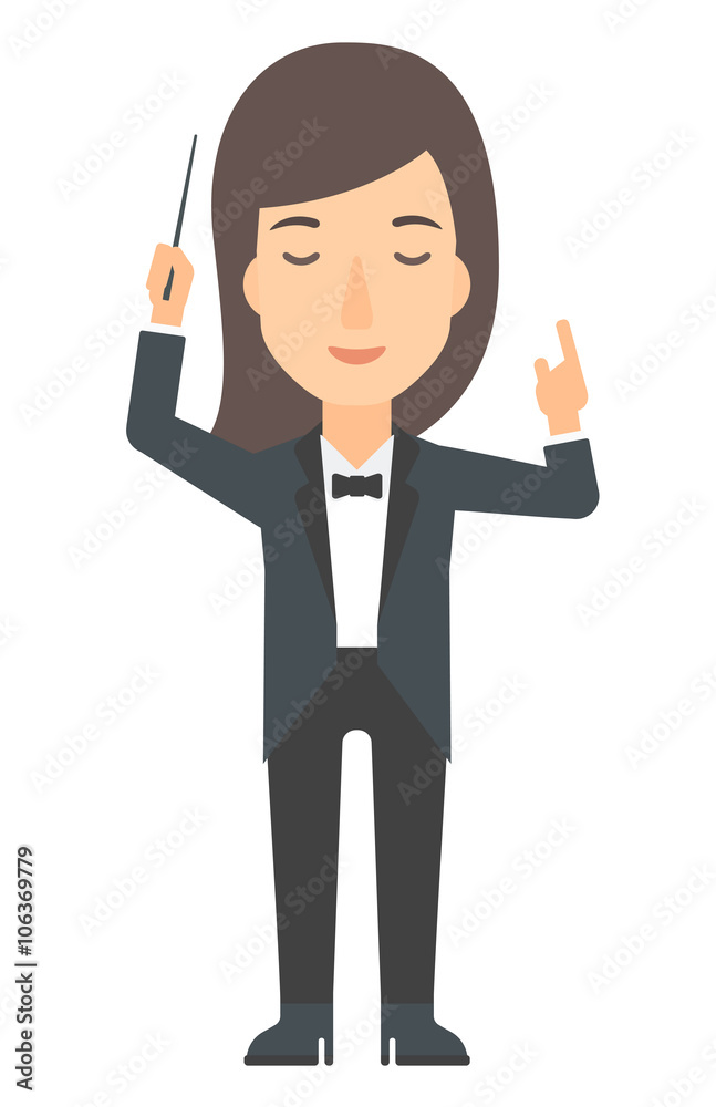 Conductor directing with her baton.