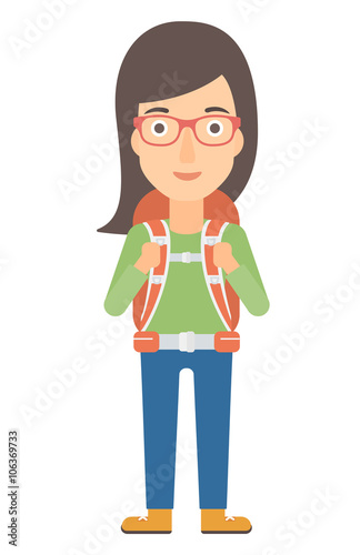 Cheerful woman with backpack .