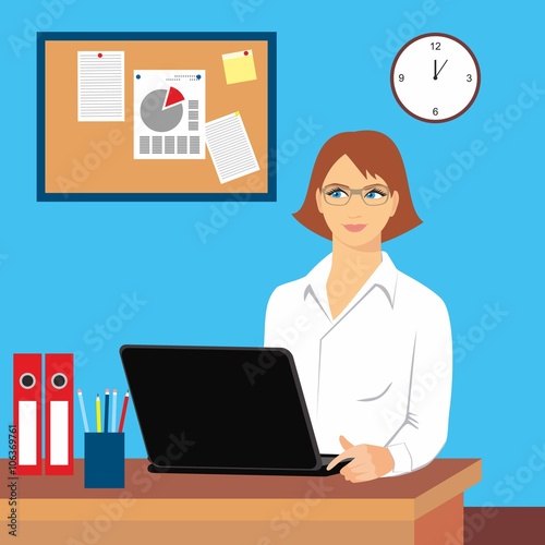 Vector illustration of a woman in the office workplace. Woman with laptop at the table. Business office desk with women officer