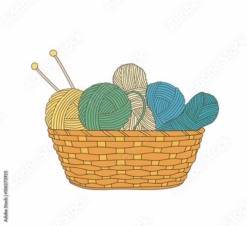 balls of yarn and knitting needles in basket isolated on white background