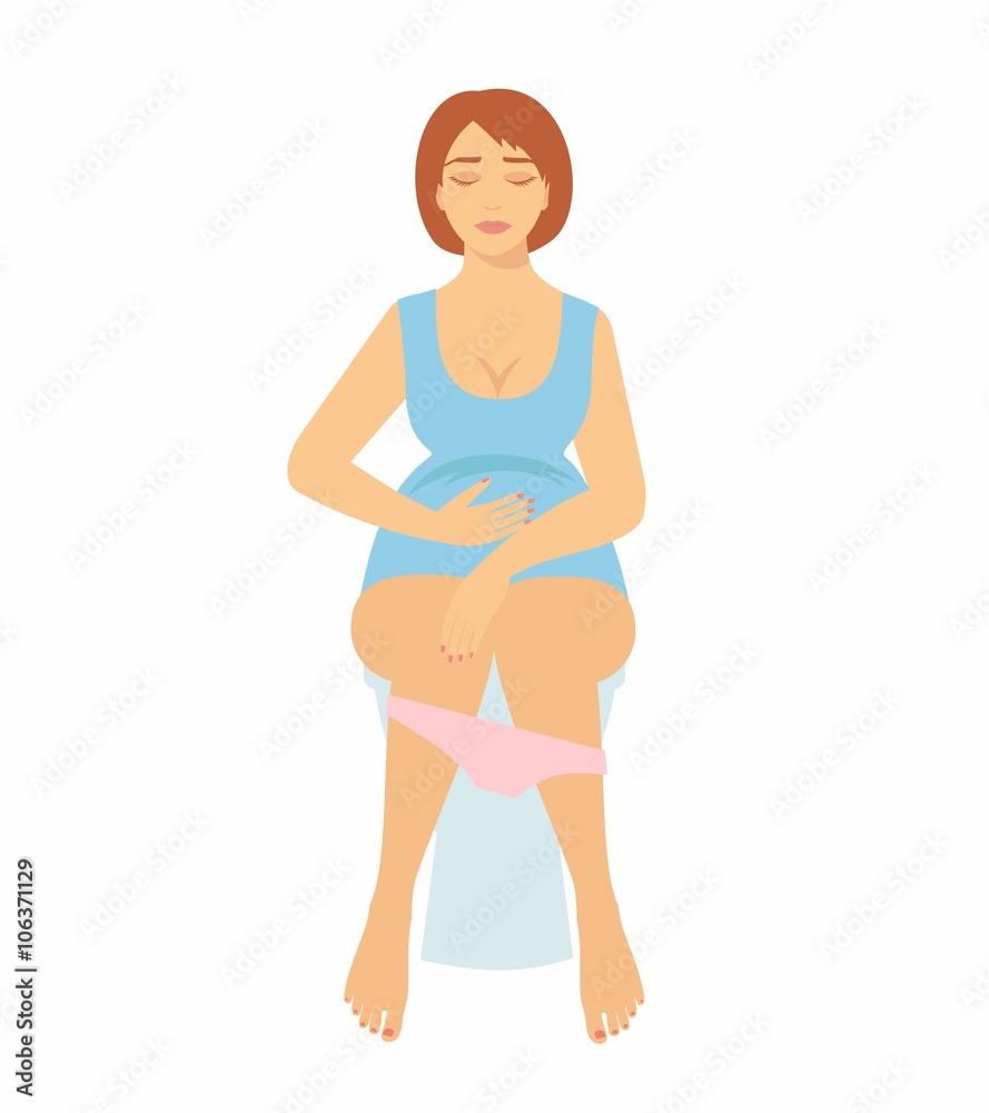 Woman is sitting on the toilet. urinary bladder problem or pregnancy or sickness concept.