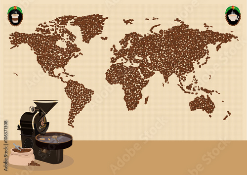 Coffee drinkers infographic or use around the world map concept. Editable Clip Art.
Illustration of a Map made of coffee beans with tools like grinder
