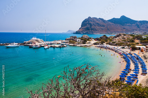 Kolymbia beach with the rocky coast in Greece. photo
