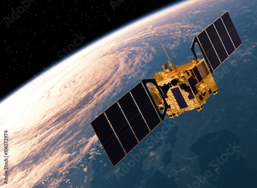 Fototapeta Naklejka Na Ścianę i Meble -  Satellite Orbiting Earth. 3D Scene.
