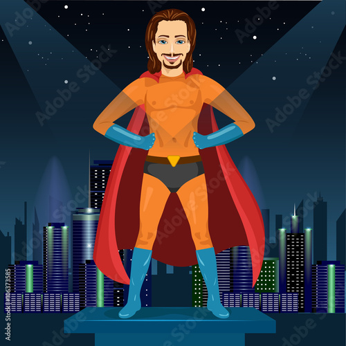 handsome young man in superhero costume watching over night city