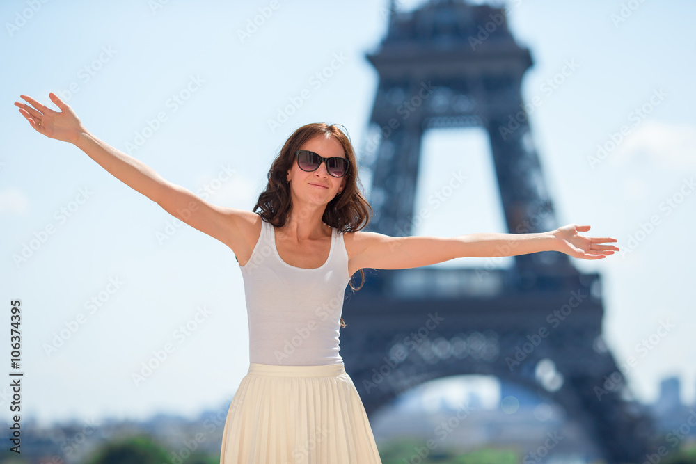Beautiful woman in Paris background the Eiffel tower Beautiful woman in Paris background the Eiffel tower
