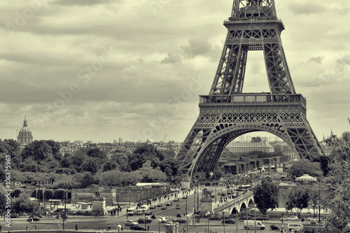 Panorama Eiffel Tower in Paris. Vintage view. Tour Eiffel old retro style. 