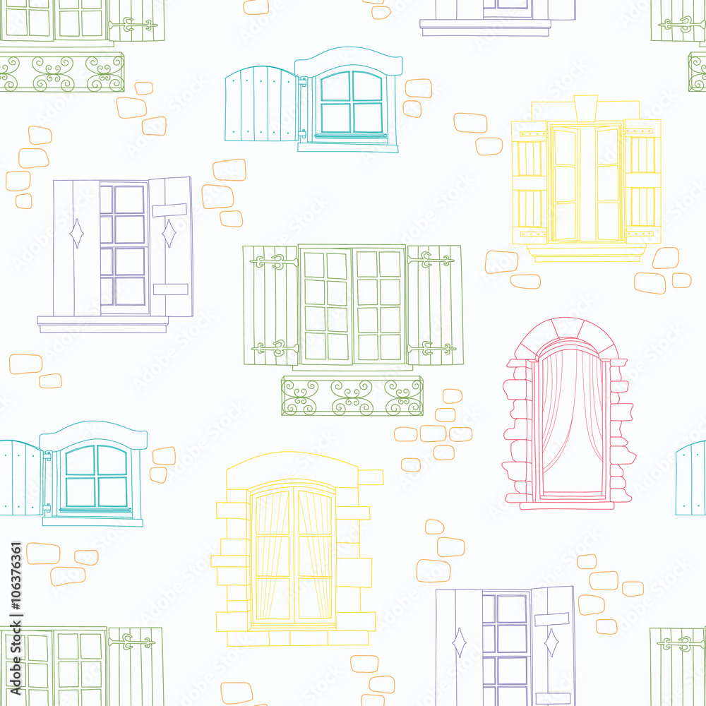Seamless pattern with vintage windows and flowers