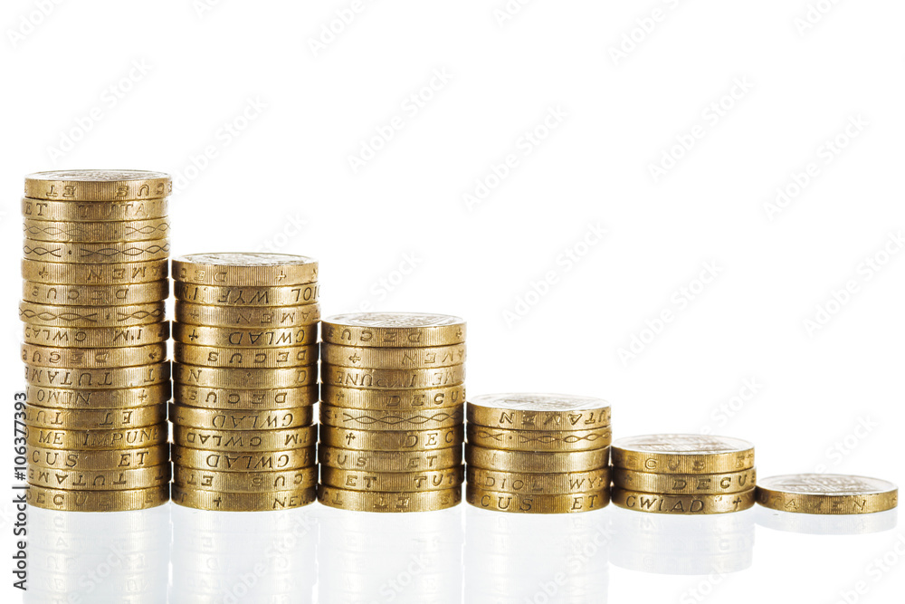 British Pound Sterling coins in decreasing heights British Pound Sterling coins in decreasing heights